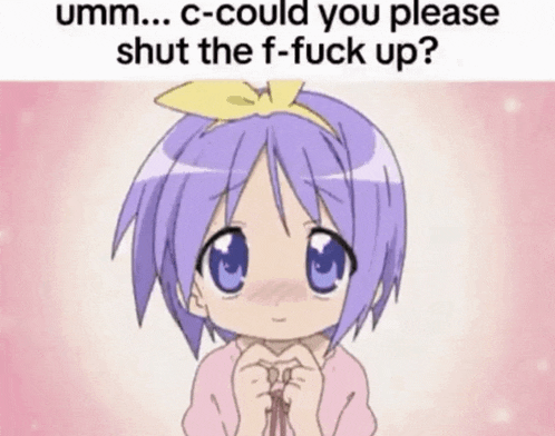 a girl with purple hair and blue eyes is asking to shut the f-fuck up .