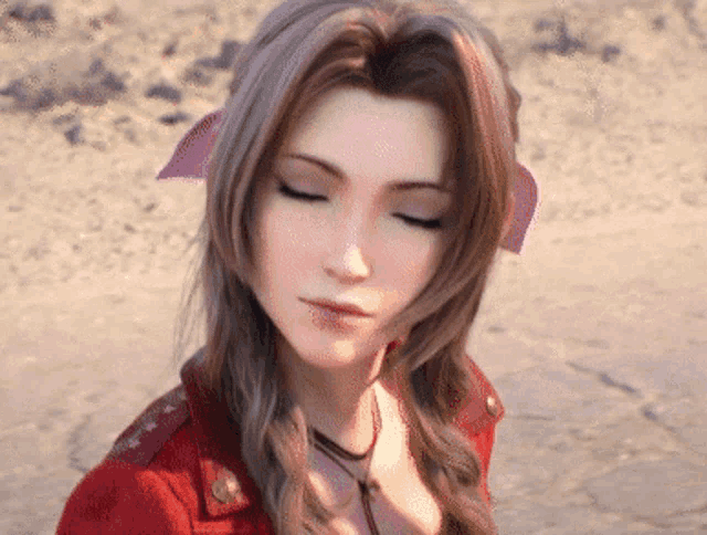 a woman with her eyes closed wearing a red jacket