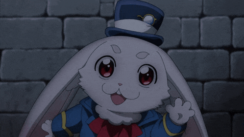 a white rabbit wearing a top hat and blue jacket