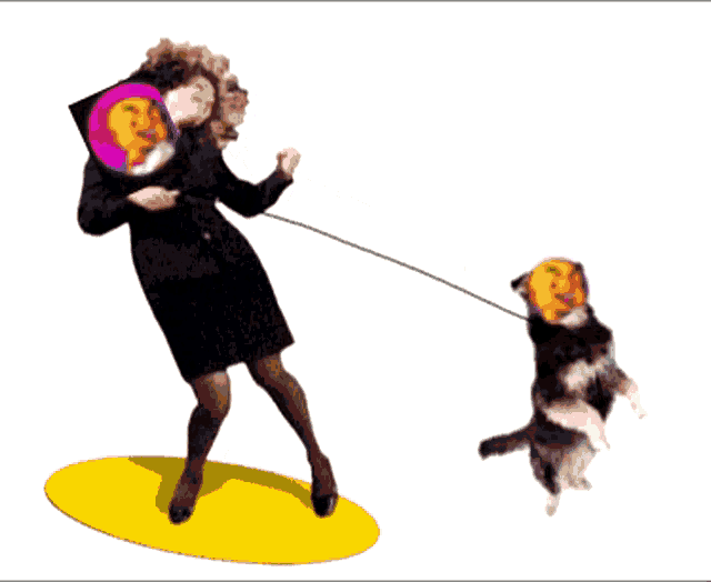 a woman in a black dress is walking a dog on a leash with a face on it
