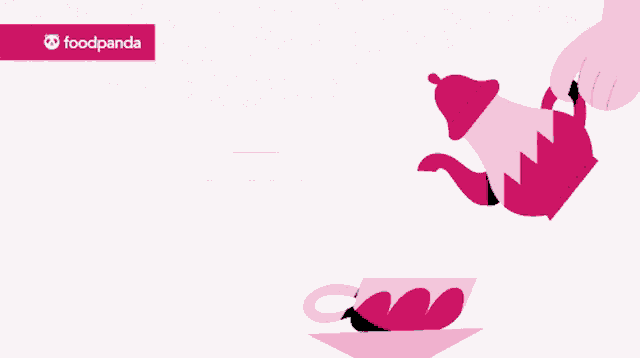 an illustration of a teapot pouring tea into a cup with a foodpanda logo behind it
