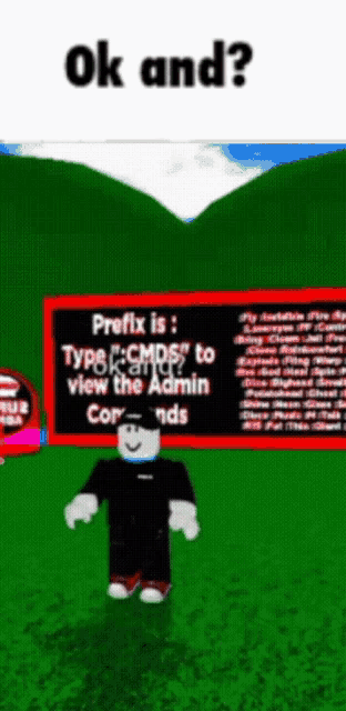 a cartoon character is standing in front of a sign that says ok and prefix is type cmds to view the admin
