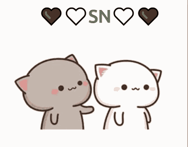 two cartoon cats are touching each other 's faces with hearts above them