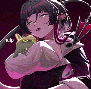 a drawing of a girl with a cat on her shoulder and the word halp in the lower right corner