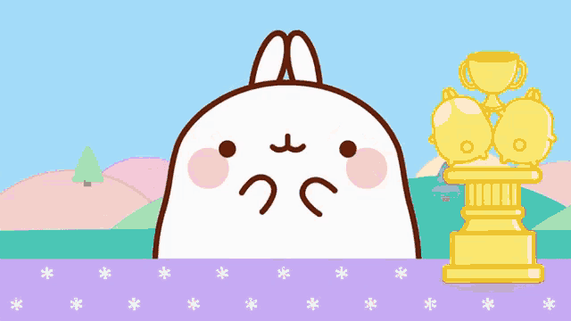 a cartoon rabbit with a sad face is standing next to a gold trophy