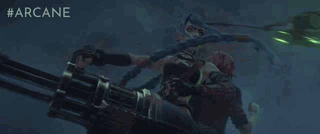 a poster for arcane shows a man and a woman holding a green flame