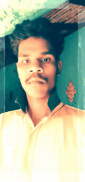 a young man with a mustache looks at the camera