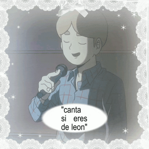 a boy singing into a microphone with the words " canta si eres de leon "