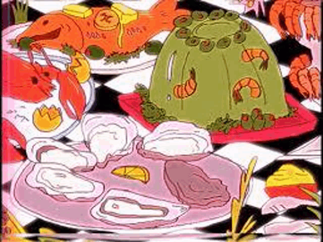 a cartoon drawing of plates of food on a checkered tablecloth