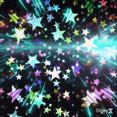 a bunch of colorful stars on a black background with the word story