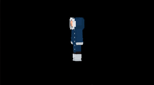 a pixel art drawing of a person in a blue coat with a hood