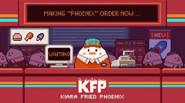 a pixel art advertisement for kiara fried phoenix shows a chicken behind a counter