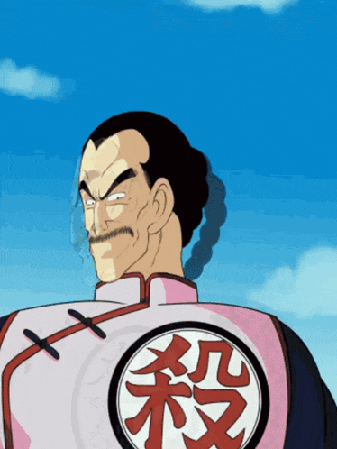 a cartoon character with chinese symbols on his chest