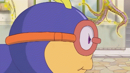 a close up of a cartoon character wearing goggles and a purple helmet