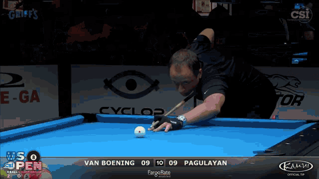 a man is playing pool in front of a cyclop sign
