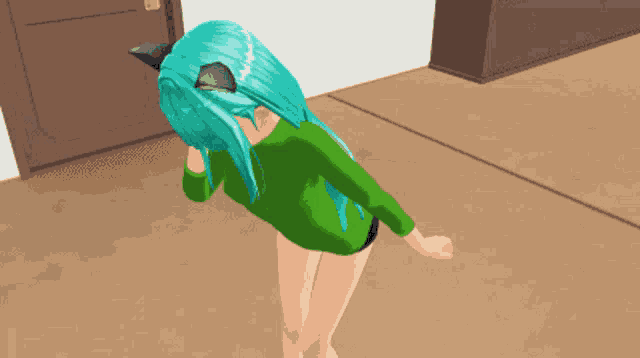 a girl with blue hair and a green shirt is dancing