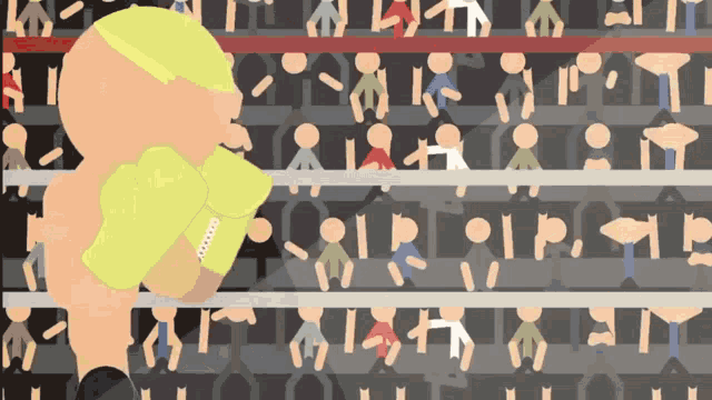 a cartoon of a boxer in a boxing ring with a crowd watching