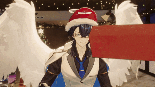 a man with wings wearing a santa hat and holding a red sign