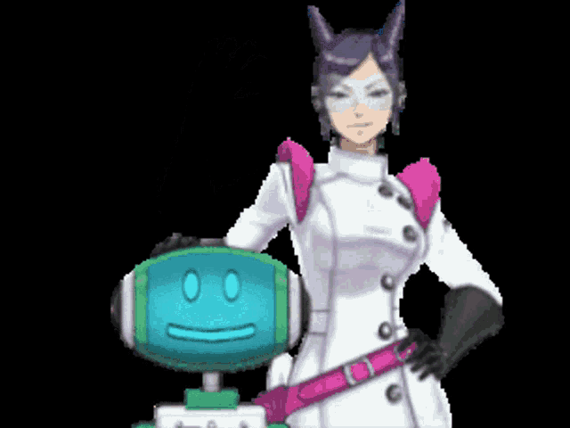 a woman in a white coat stands next to a robot with a smiley face