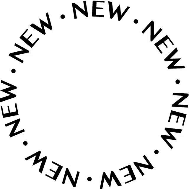 a black and white circle with the words new in the center