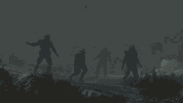 a group of sharks are swimming in the water in the fog .