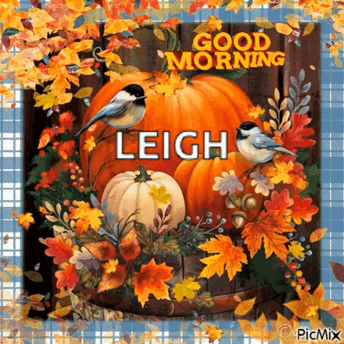 a picture of a pumpkin and leaves with the name leigh