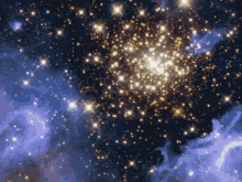 a cluster of stars in the night sky with a purple background
