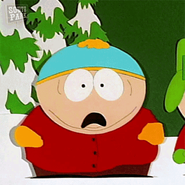 a cartoon character from south park is standing in the snow .