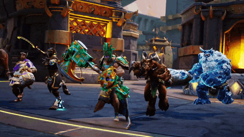 a group of video game characters are standing in front of a building that says ' oar pad ' on it