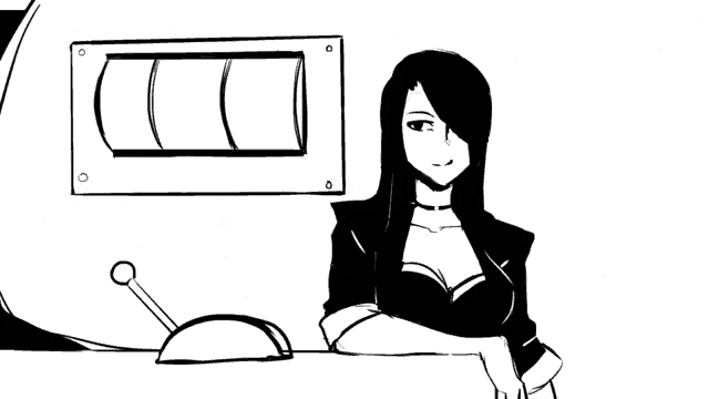 a black and white drawing of a woman pointing at a slot machine with a sad face on it .