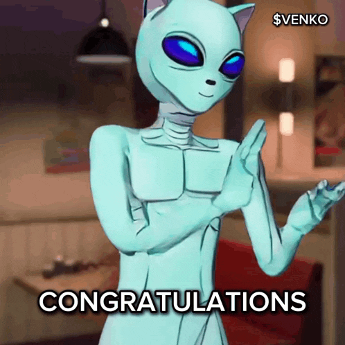 a cartoon alien says congratulations in front of a sign that says $ venko
