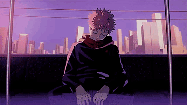 a cartoon character is sitting on a bench with his eyes closed
