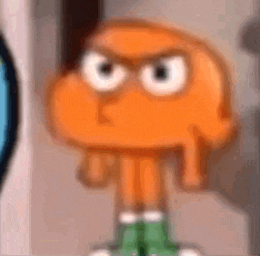 a close up of darwin from the amazing world of gumball with a very angry face .