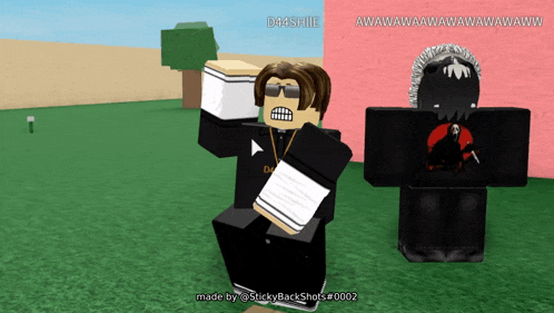 two roblox characters are standing next to each other and they are made by @stickybackshots #0002
