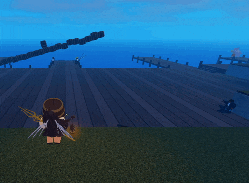a person standing on a dock holding a sword and a bucket