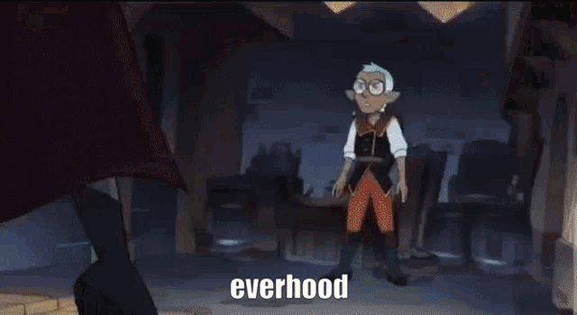 a cartoon character from the owl house is standing in front of a tree with thorns and the word everhood on the bottom .