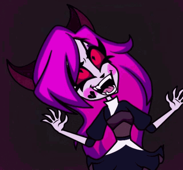 a cartoon girl with purple hair and red eyes
