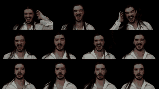 a man with long hair and a beard has many different facial expressions on a black background