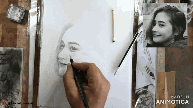 a person is drawing a woman 's face with a pencil