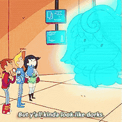 a cartoon character says but y'all kinda look like dorks in front of a blue monster