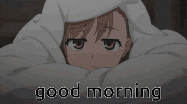 a picture of a girl wrapped in a blanket with the words " good morning " below her