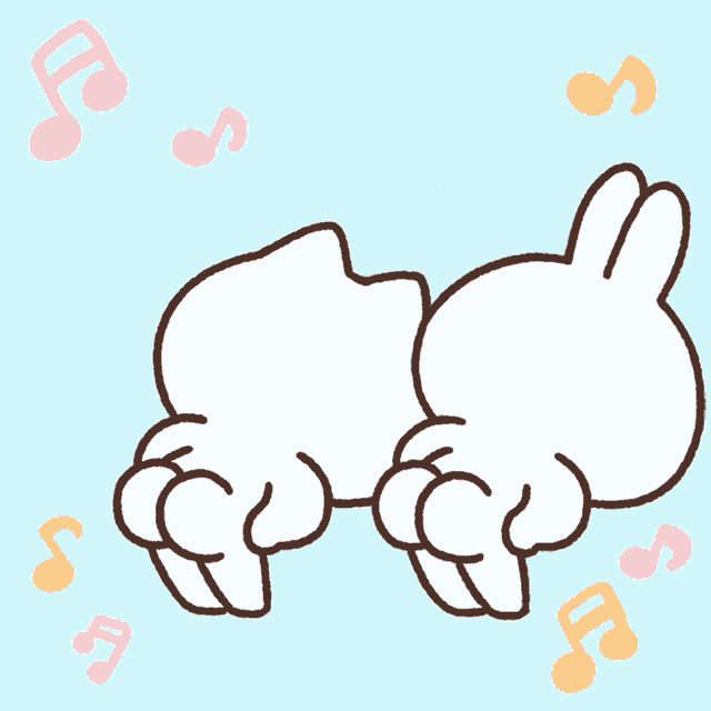 a drawing of two rabbits standing next to each other with music notes around them