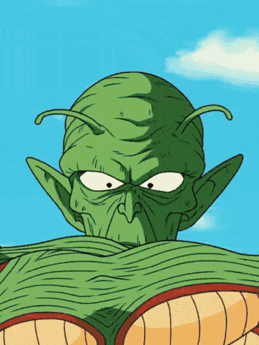 a cartoon drawing of a green alien with a blue sky in the background