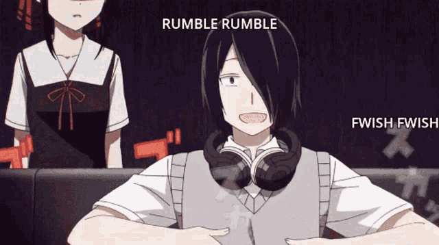 rumble rumble and fwish fwish are written next to a boy