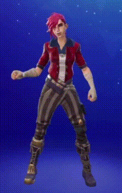 a woman with red hair and striped pants is standing on a blue background .