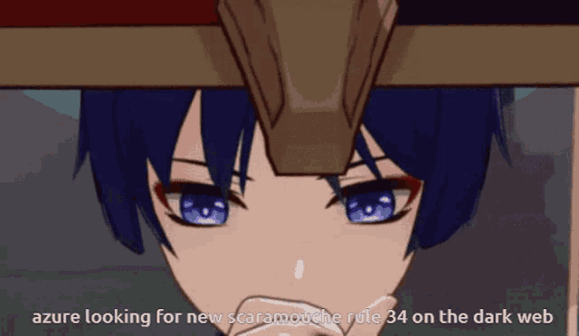 a close up of a person 's face with the words azure looking for new scaramouche rule 34 on the dark web below it