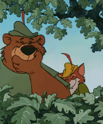 a cartoon of a bear and a fox in a tree