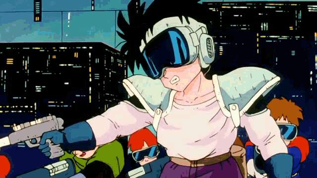 a cartoon character is holding a gun and wearing goggles