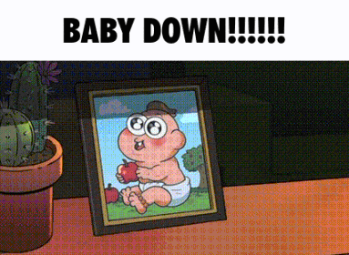 a picture of a baby in a diaper holding an apple with the caption baby down !!!
