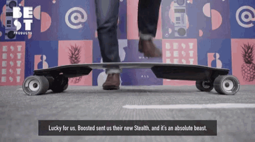 a person riding a skateboard in front of a wall that says " best products "